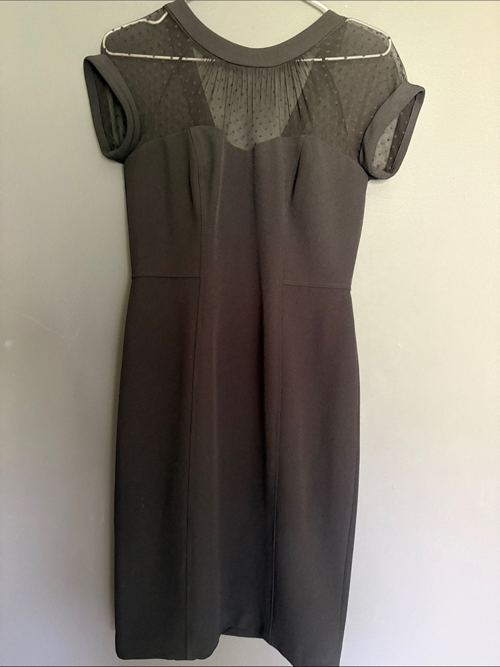 WHBM 4P Classic Black Sheath Dress with Sheer Dot Yoke